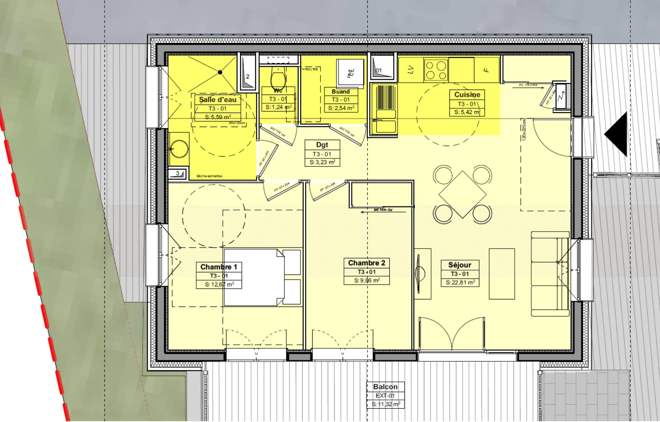 Ce plan d'architecture présente la distribution intérieure complète d'un logement de type T3 (appartement T3-01) dans un programme immobilier de montagne. Le document technique illustre avec précision l'agencement des pièces et leurs surfaces respectives. Composition du logement T3-01 : Surface habitable : 63,50 m² (hors balcon) Salle d'eau : 5,59 m² (angle supérieur gauche) - équipée avec baignoire WC : 1,24 m² - séparé, adjacent à la salle d'eau Buanderie : 2,54 m² - espace technique pratique Dégagement : 3,23 m² - circulation centrale distribuant les pièces Chambre 1 : 12,67 m² (à gauche) - avec placards intégrés Chambre 2 : 9,86 m² (au centre) - avec rangements Cuisine : 5,42 m² (à droite) - cuisine équipée ouverte sur le séjour Séjour : 22,81 m² - grand espace de vie avec coin repas et salon Balcon extérieur : 11,32 m² - généreux espace extérieur privatif Organisation spatiale : Le plan révèle une distribution fonctionnelle optimisée : l'entrée dessert directement le dégagement central qui organise la circulation vers les espaces nuit (chambres à gauche et centre) et les espaces jour (séjour/cuisine à droite). La cuisine ouverte sur le séjour crée un vaste espace de vie lumineux d'environ 28 m². Les deux chambres bénéficient de placards intégrés. Le balcon filant accessible depuis le séjour offre un prolongement extérieur généreux, caractéristique des logements alpins. Les tracés en pointillés indiquent les ouvertures de portes, les cercles symbolisent probablement l'emplacement des luminaires ou équipements.