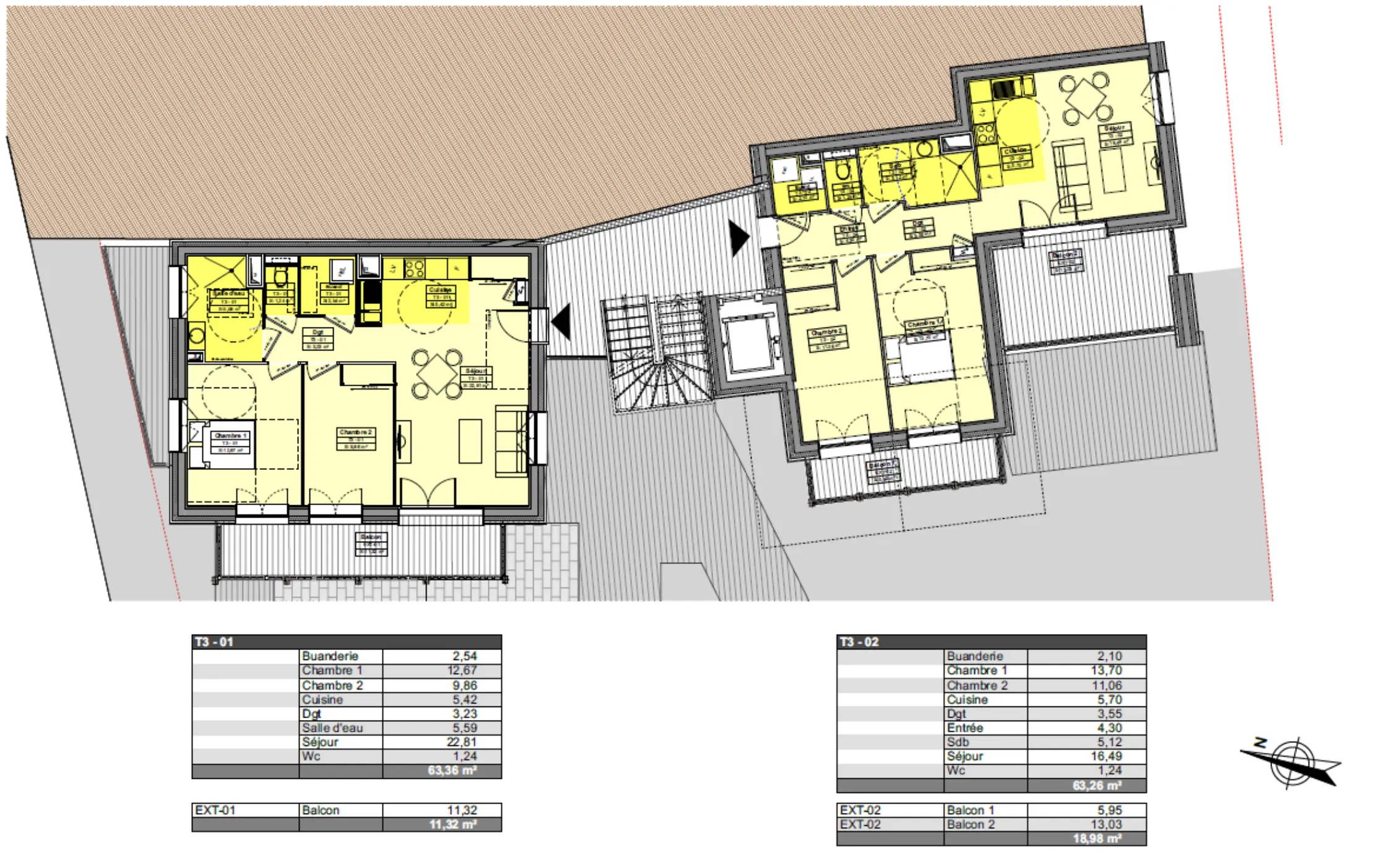 Ce plan d'architecture présente un niveau d'étage (vraisemblablement R+1 ou R+2) d'un bâtiment de chalets jumeaux, accueillant deux logements de type T3 en configuration duplex. Le document technique illustre la distribution intérieure et les surfaces de chaque espace. Logement T3-01 (gauche) - 63,50 m² : Buanderie : 2,54 m² Chambre 1 : 12,67 m² Chambre 2 : 9,86 m² Cuisine : 5,42 m² Dégagement : 3,23 m² Salle d'eau : 5,59 m² Séjour : 22,81 m² WC : 1,24 m² Balcon extérieur : 11,32 m² Logement T3-02 (droite) - 63,46 m² : Buanderie : 2,10 m² Chambre 1 : 13,70 m² Chambre 2 : 11,06 m² Cuisine : 5,70 m² Dégagement (entrée) : 4,30 m² Salle de bains : 5,12 m² Séjour : 16,49 m² WC : 1,24 m² Balcon 1 : 5,95 m² Balcon 2 : 13,03 m² Organisation spatiale : Les deux logements se structurent autour d'une cage d'escalier centrale commune. Chaque appartement propose une distribution fonctionnelle avec espaces jour (séjour/cuisine) et espaces nuit (deux chambres) bien séparés. Les généreux balcons offrent des espaces extérieurs privatifs importants, caractéristiques des logements de montagne. Les surfaces habitables sont optimisées avec des dégagements réduits au minimum.