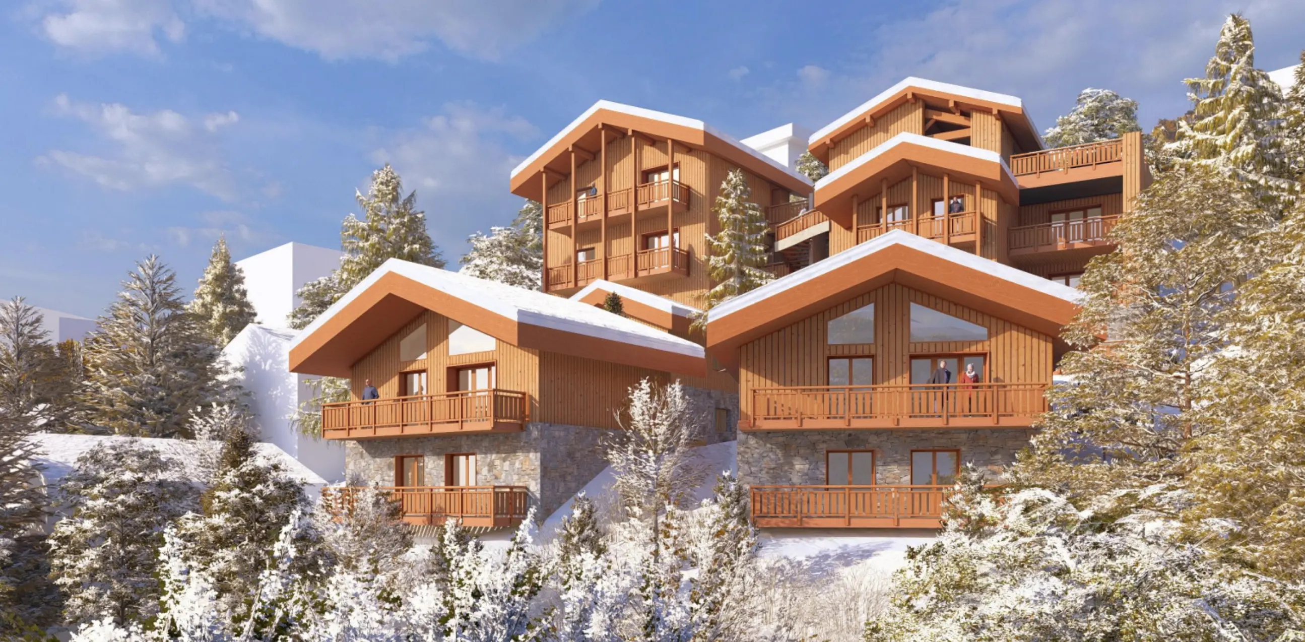 Cette perspective architecturale présente un programme immobilier de montagne harmonieux et parfaitement intégré dans son environnement hivernal. Le projet se compose de plusieurs bâtiments de gabarits variés créant un ensemble cohérent respectueux de la topographie et du paysage alpin. L'architecture affirme une identité alpine contemporaine avec des matériaux nobles : façades entièrement habillées de bardage bois vertical dans des tons miel chaleureux qui évolueront naturellement avec le temps, soubassements en maçonnerie de pierre locale grise créant une assise forte et traditionnelle, toitures à double pente généreusement débordantes couvertes de neige fraîche, larges balcons filants en bois massif à chaque niveau offrant des espaces extérieurs privatifs, pignons vitrés sous charpente apparente apportant lumière et caractère, et menuiseries bois aux proportions traditionnelles. Le programme mixe intelligemment plusieurs typologies : chalets individuels ou semi-individuels de 2 à 3 niveaux au premier plan offrant intimité et caractère résidentiel, et petits collectifs de 3 à 4 niveaux en arrière-plan permettant une densité maîtrisée. L'implantation en gradins exploite habilement le dénivelé naturel pour garantir à chaque logement ensoleillement optimal et vues dégagées. L'intégration paysagère est exemplaire : végétation abondante préservée avec conifères majestueux enneigés, arbustes et massifs créant un écrin naturel, terrain vallonné respecté. L'arrière-plan laisse deviner d'autres constructions contemporaines blanches contrastant avec les chalets traditionnels. L'éclairage hivernal sous ciel partiellement nuageux sublime la chaleur du bois et crée une atmosphère montagnarde authentique.