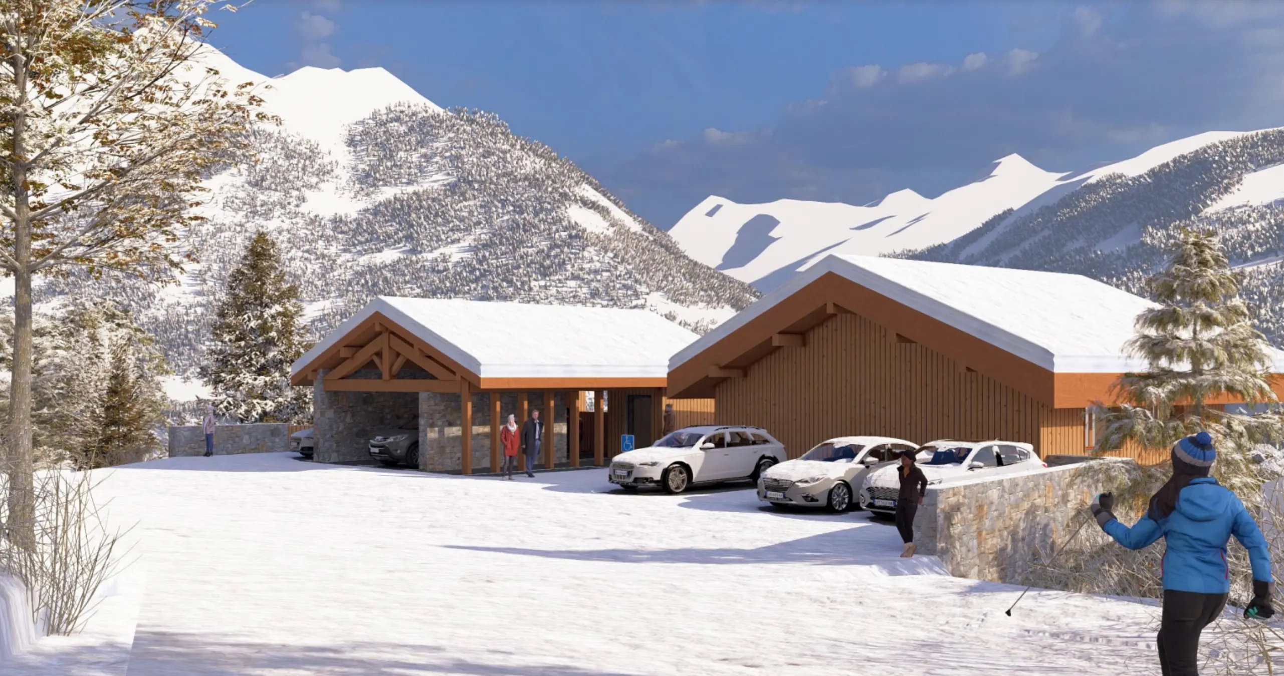 Cette perspective architecturale présente un bâtiment de stationnement résidentiel pensé comme un véritable équipement qualitatif au service d'un programme immobilier de montagne. La construction s'inscrit dans un paysage hivernal spectaculaire dominé par un amphithéâtre de sommets majestueux enneigés. L'architecture conjugue avec réussite fonctionnalité et intégration paysagère : deux volumes à toiture double pente reliés par un passage central vitré créant une articulation fluide, toitures largement débordantes couvertes de bac acier portant d'épaisses couches de neige caractéristiques, façades mixant bardage bois vertical dans des tons chauds et maçonnerie de pierre locale grise pour les soubassements et murs porteurs, et charpente bois apparente sous les avant-toits affirmant la tradition constructive alpine. Le parking propose plusieurs configurations : boxes fermés en pierre pour un stationnement sécurisé et hivernal optimal, espaces semi-couverts sous portique avec poteaux et poutres bois massif protégeant les véhicules tout en maintenant une ventilation naturelle, et places extérieures complémentaires. L'ensemble peut accueillir une dizaine de véhicules dans un confort d'usage optimal même en plein hiver. L'aménagement extérieur privilégie le naturel : voirie enneigée, murets en pierre sèche délimitant les espaces, végétation préservée (conifères enneigés, arbustes). Plusieurs personnages animent la scène, dont une skieuse au premier plan soulignant la vocation sportive du lieu. Le ciel dramatique contrasté renforce le caractère spectaculaire du site d'altitude.