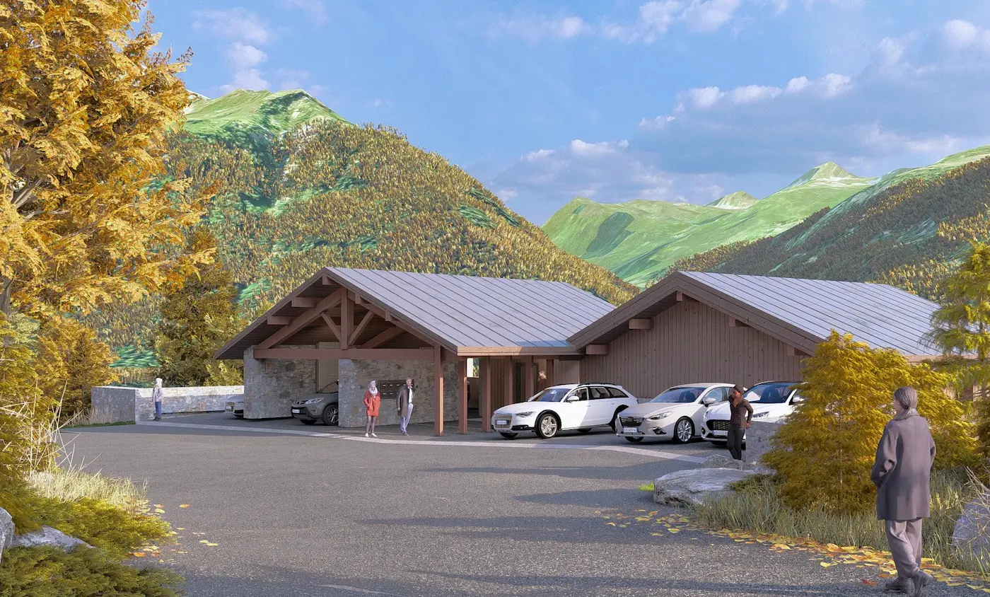 Cette perspective architecturale présente un bâtiment de stationnement conçu dans le respect des codes alpins, parfaitement intégré dans un environnement montagnard préservé. La construction se compose de deux volumes à toiture double pente couverte de bac acier anthracite, reliés par un passage central créant une liaison fonctionnelle. L'architecture privilégie les matériaux nobles et authentiques : charpente en bois massif laissée apparente sous les larges avant-toits, murs en maçonnerie de pierre locale, et bardage bois vertical pour les parties fermées. Cette combinaison crée une harmonie visuelle tout en assurant durabilité et entretien minimal. Le parking offre plusieurs configurations : boxes fermés en pierre pour un stationnement sécurisé, et espaces couverts ouverts protégeant les véhicules des intempéries. L'ensemble peut accueillir une dizaine de véhicules tout en maintenant une échelle humaine et une discrétion paysagère. Le site bénéficie d'une implantation privilégiée dans un cirque montagneux spectaculaire. L'arrière-plan révèle un amphithéâtre de sommets verdoyants dont les versants alternent prairies d'altitude et zones boisées, avec quelques plaques de neige subsistant en altitude. Le cadre automnal est souligné par les feuillages dorés des arbres feuillus encadrant la construction. Plusieurs personnages animent la scène, renforçant la dimension fonctionnelle et conviviale de l'équipement.