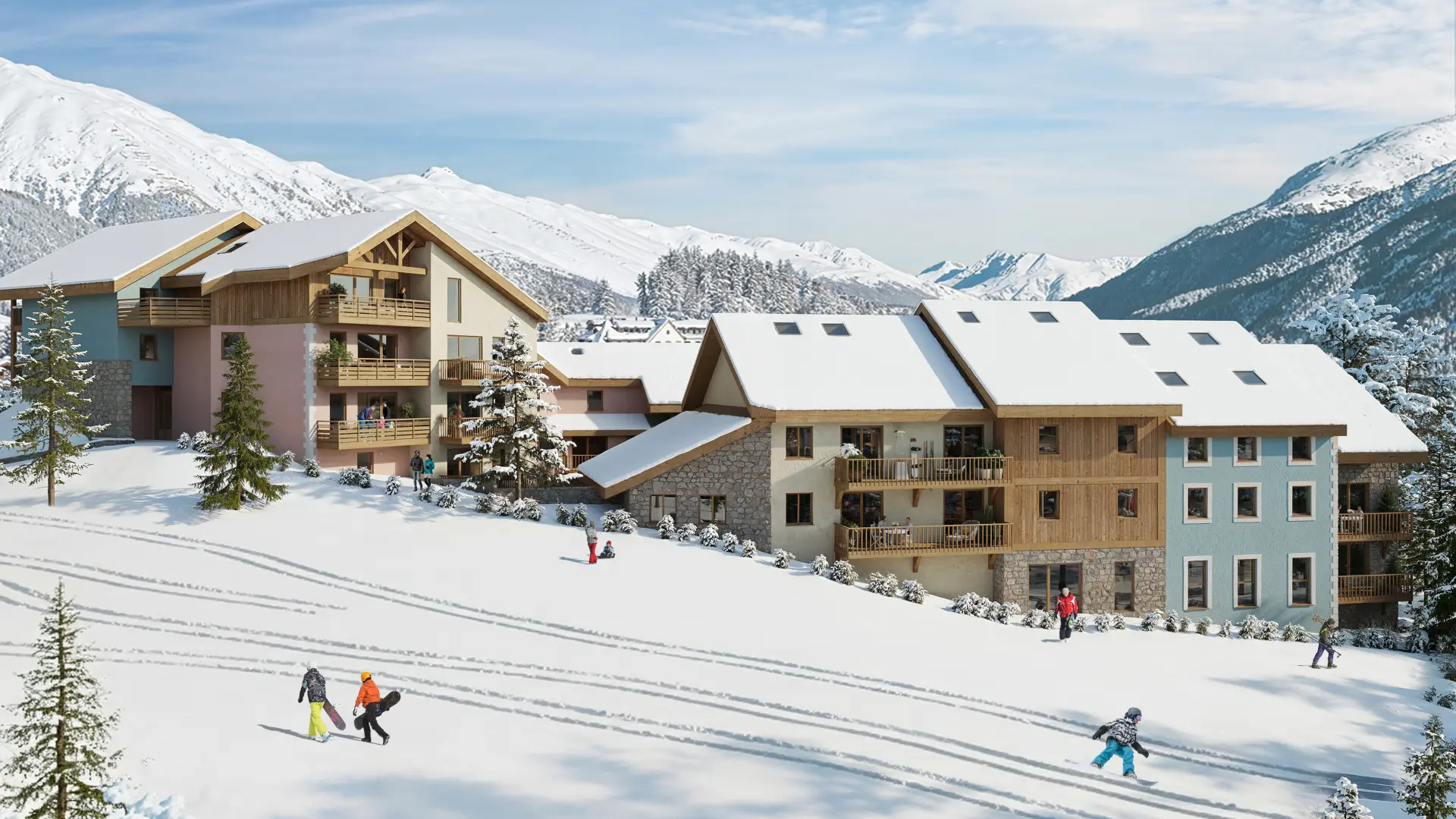 Cette perspective architecturale présente un programme immobilier de montagne idéalement situé en bordure de piste. Le projet se compose de plusieurs bâtiments aux volumétries variées, créant un ensemble harmonieux et dynamique parfaitement intégré au paysage alpin. L'architecture affirme une identité contemporaine tout en respectant les codes de la montagne : toits à deux pentes recouverts de neige, façades mixant bois naturel clair, enduits dans des tons roses et bleus pastels, et soubassements en pierre locale. Les larges balcons filants en bois à chaque niveau offrent des espaces extérieurs généreux avec vue panoramique sur les sommets. Le bâtiment de gauche arbore un pignon vitré spectaculaire sous charpente apparente, symbole d'une architecture alpine moderne. L'implantation en front de neige permet un accès skis aux pieds direct : on aperçoit des skieurs et snowboarders évoluant sur la pente douce qui longe la résidence, ainsi que des familles profitant de l'environnement enneigé. L'arrière-plan dévoile un amphithéâtre de montagnes majestueuses enneigées sous un ciel légèrement voilé, renforçant le caractère exceptionnel du site. Les jeunes conifères ponctuant l'aménagement paysager soulignent l'engagement environnemental du projet.